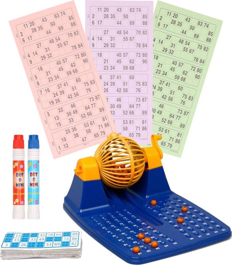 Merkloos Sans marque Bingo spel blauw geel oranje complete set 25 x 22 cm nummers 1-90 met molen 148x bingokaarten en 2x stiften Bingospel Bingo spellen Bingomolen met bingokaarten Bingo spelen