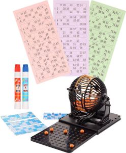 Merkloos Sans marque Bingo spel zwart oranje complete set nummers 1-90 met molen 148x bingokaarten en 2x stiften Bingospel Bingo spellen Bingomolen met bingokaarten Bingo spelen