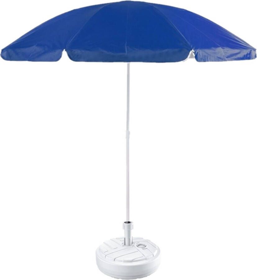 Blauw lichtgewicht strand tuin basic parasol van nylon 200 cm + vulbare parasolvoet wit van plastic