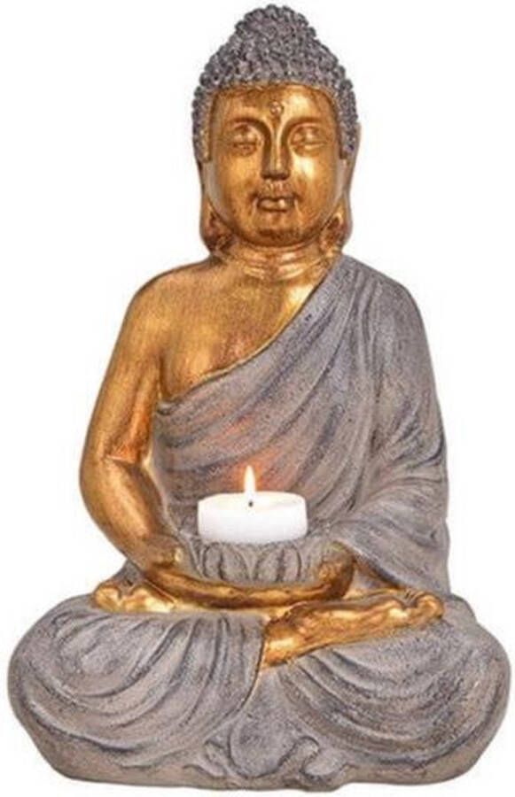 Merkloos Sans marque Boeddha beeld theelichthouder windlicht bruin goud 41 cm Waxinelicht houders Boeddha beelden- Polyresin Buddhabeelden
