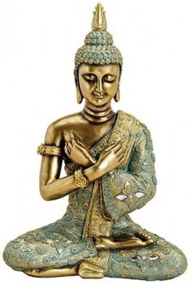 Merkloos Sans marque Boeddha beeldje goud groen 33 cm Tuin decoratie woonaccessoires Boeddha beelden