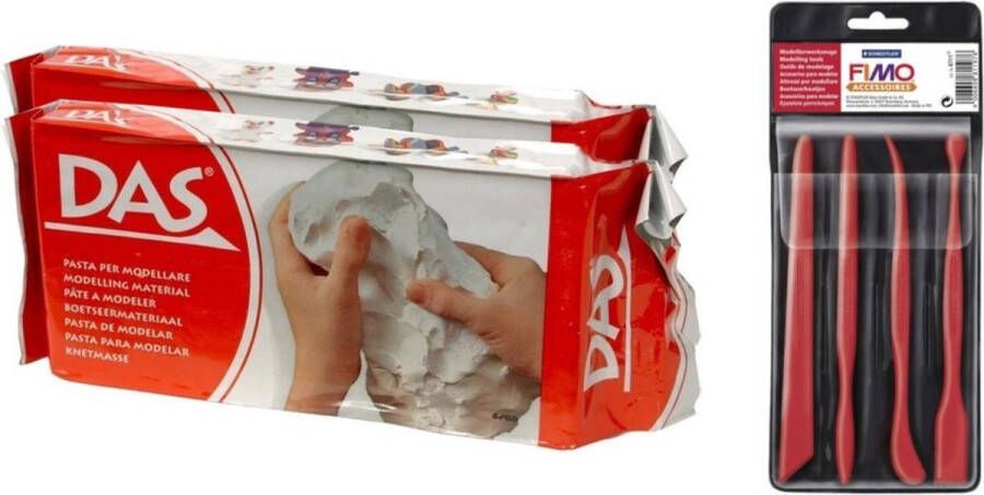 Merkloos Sans marque Boetseer klei pakken combie set 2x kilo witte klei met 4-delig boetseergereedschap Speelgoed hobby