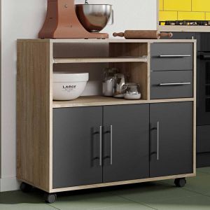 Merkloos Sans marque Vente unique Buffetkast BERTILLE op wieltjes Zwart en eiken L 89 cm x H 81 cm x D 40 cm