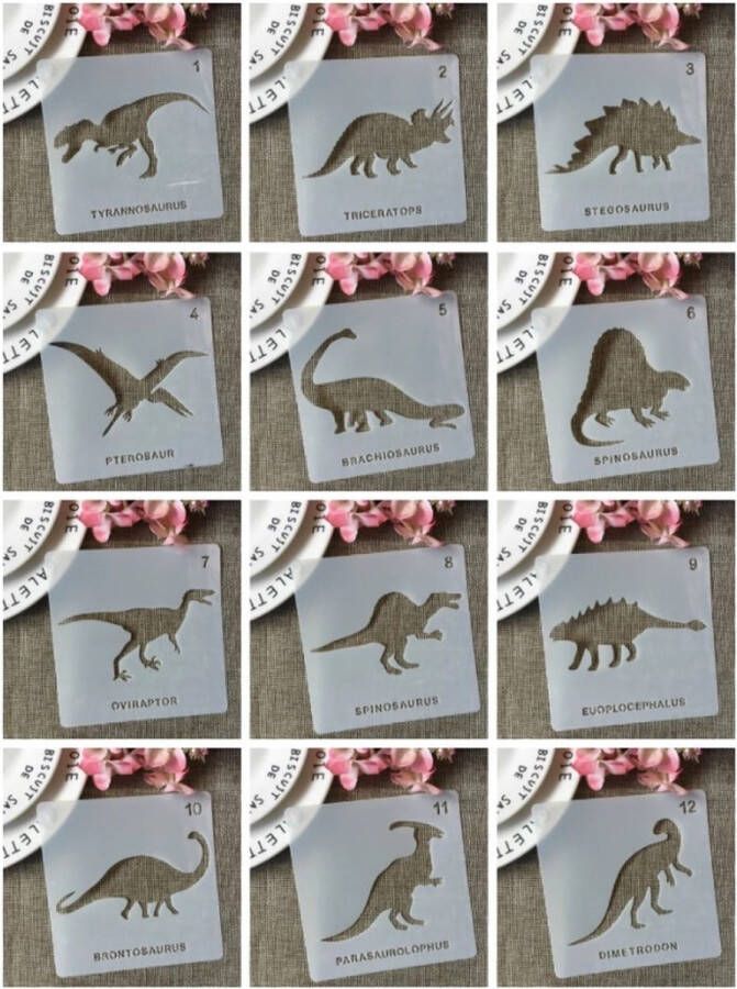 Merkloos Sans marque Bullet Journal Plastic Stencils 12 stuks Templates Dino Dinosaurus Mix Sjablonen 13 x 13 cm Handlettering toolkit Knutselen Decoratie Accessoires Tyrannosaurus Triceratops Stegosaurus Pterosaur Brachiosaurus