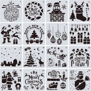 Merkloos Sans marque Bullet Journal Plastic Stencils 16 stuks Templates Kerst Christmas Jingle Bells Let it snow Happy New Year Santa is coming to town Haard Sneeuwpop Kerstboom Sneeuw Mix Sjablonen 15 x 15 cm Handlettering toolkit Knut