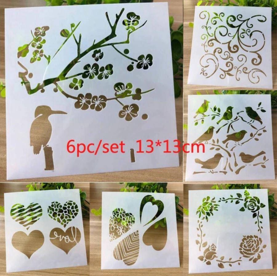 Merkloos Sans marque Bullet Journal Plastic Stencils 6 stuks Templates Vogels Harten Hearts Birds Vines Ranken Lianen Mix Sjablonen 13 x 13 cm Handlettering toolkit Knutselen Decoratie Accessoires