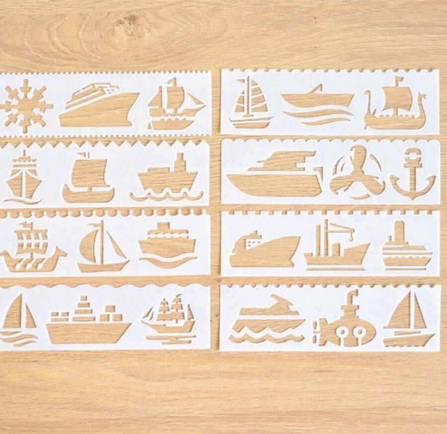 Merkloos Sans marque Bullet Journal Plastic Stencils 8 stuks Templates Schepen Boot Boten Ships Watersport Sjablonen 5 x 18 3cm Handlettering toolkit Knutselen Decoratie Accessoires