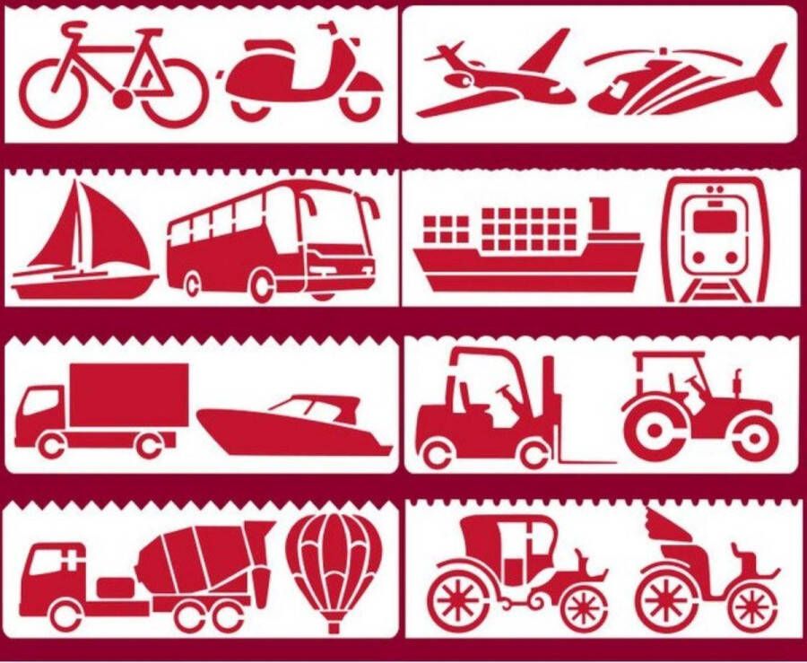 Merkloos Sans marque Bullet Journal Plastic Stencils 8 stuks Templates Voertuigen Schepen Tractor Bus Fiets Scooter Luchtballon Sjablonen 5 x 18 3cm Handlettering toolkit Knutselen Decoratie Accessoires