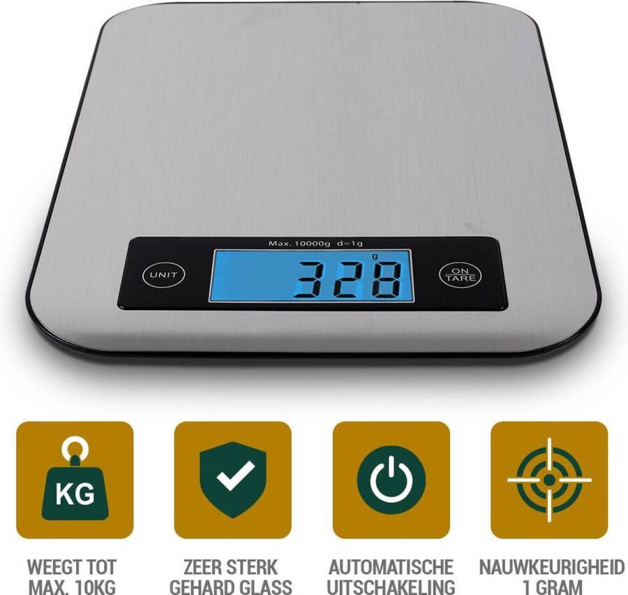 Merkloos Sans marque Canny Digitale keukenweegschaal 1 gr tot 10 kg Met Tarra Functie RVS Inclusief Batterijen Zilvergrijs