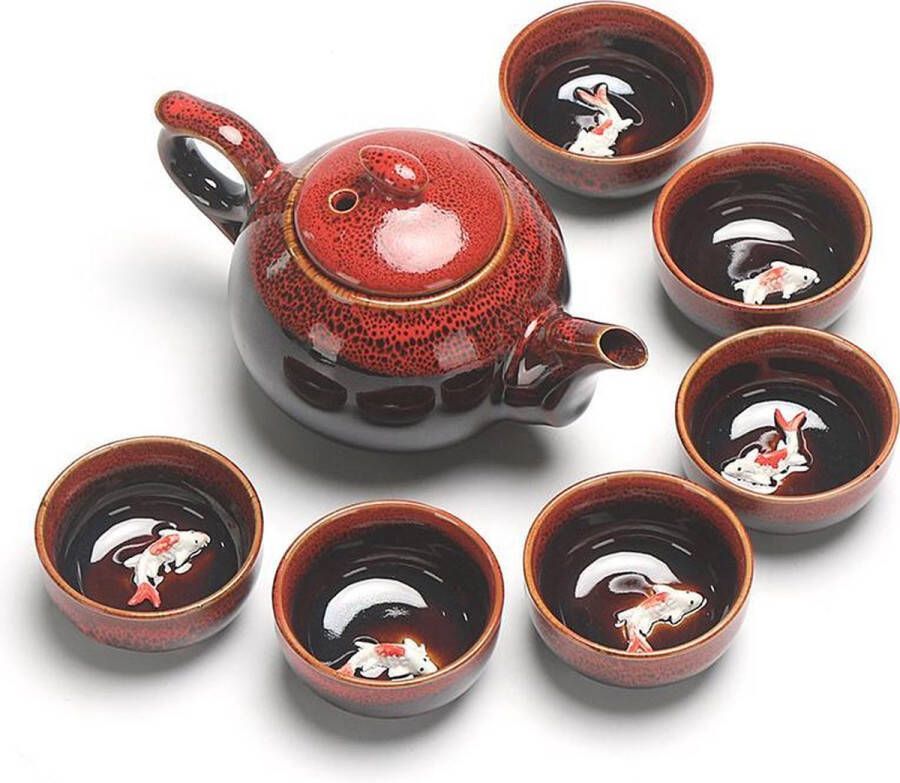 Merkloos Sans marque Chinese thee set Theepot met 6 kleine kopjes Koi Karpers design rood