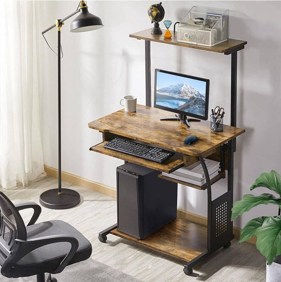 Merkloos Sans marque Computertafel met plank bureau pc-tafel met wielen hoekbureau vintage 80 x 50 x 132 cm