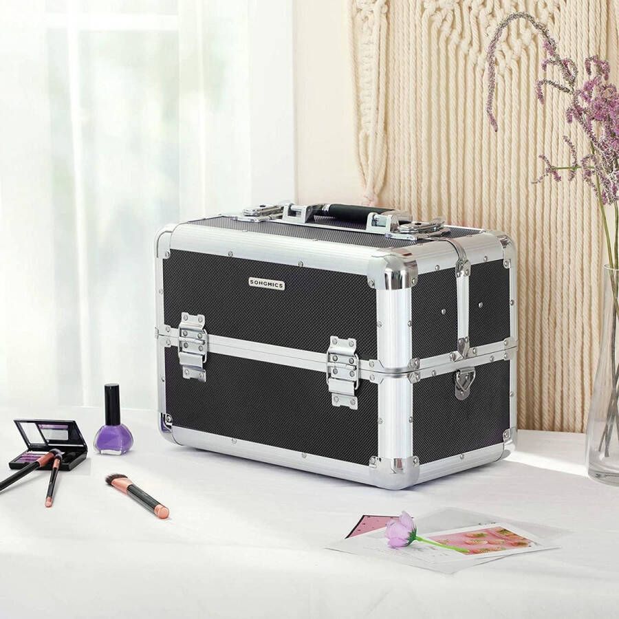 Merkloos Sans marque cosmetische koffer make-up koffer XXL groot voor bagage aluminium multikoffer vloerkoffer met draagriem 36 5 x 22 x 25 cm zwart JBC228