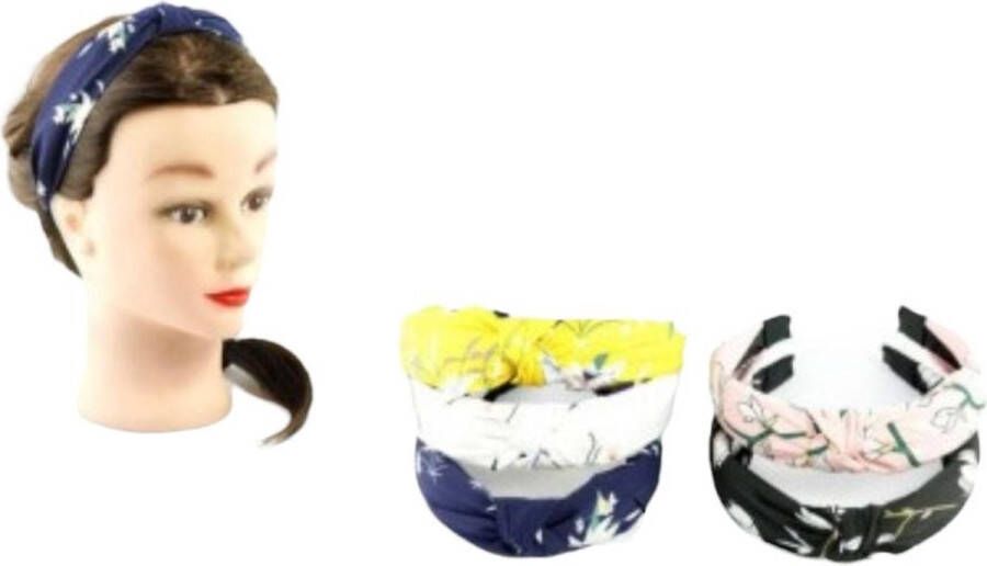 Merkloos Sans marque Dames Haarband Diadeem met Knoop Bloemenprint Zwart Geel Set 2 Stuks