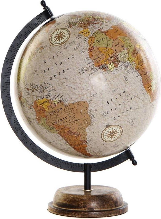 Merkloos Sans marque Decoratie wereldbol globe beige op houten voet standaard 28 x 37 cm Landen contintenten topografie