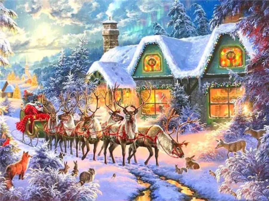 Freefs Diamond painting kerst slee dieren winterhuis 30x40cm vierkante steentjes