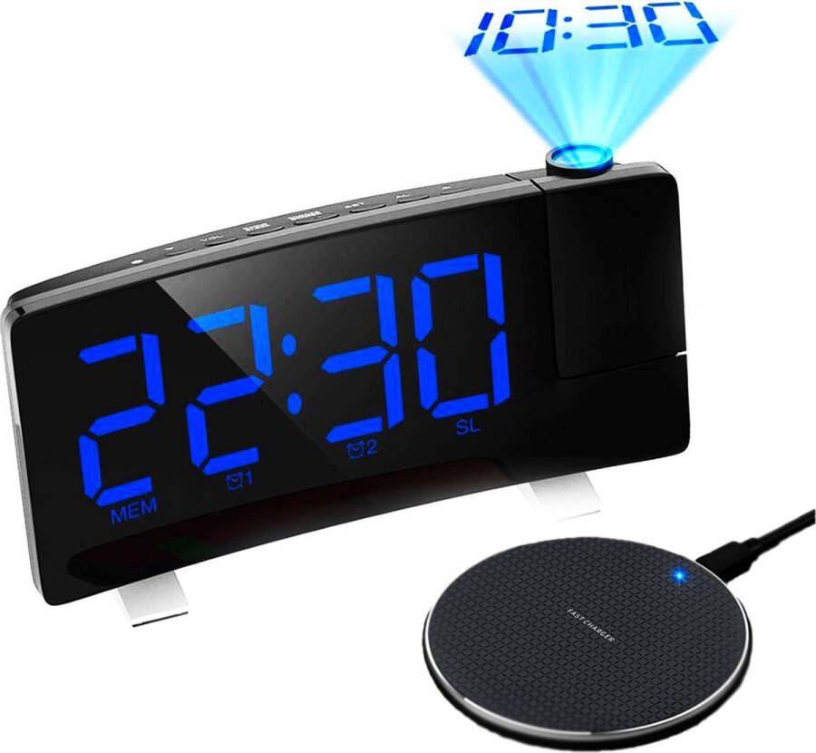 Merkloos Sans marque Digitale wekker + draadloze oplader – projectieklok – wekkerradio – USB oplader Blauw digitaal radio licht Projectieklokken