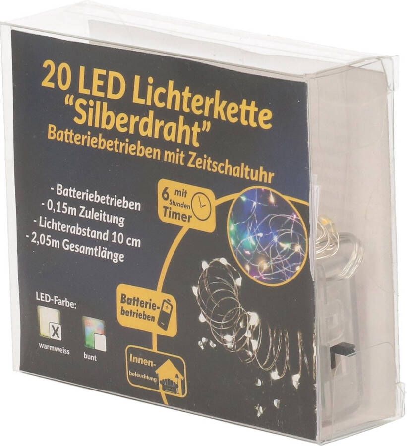 Merkloos Sans marque Draadverlichting zilver met gekleurde LED lampjes 2 meter op batterijen met timer Kerstverlichting lichtsnoeren