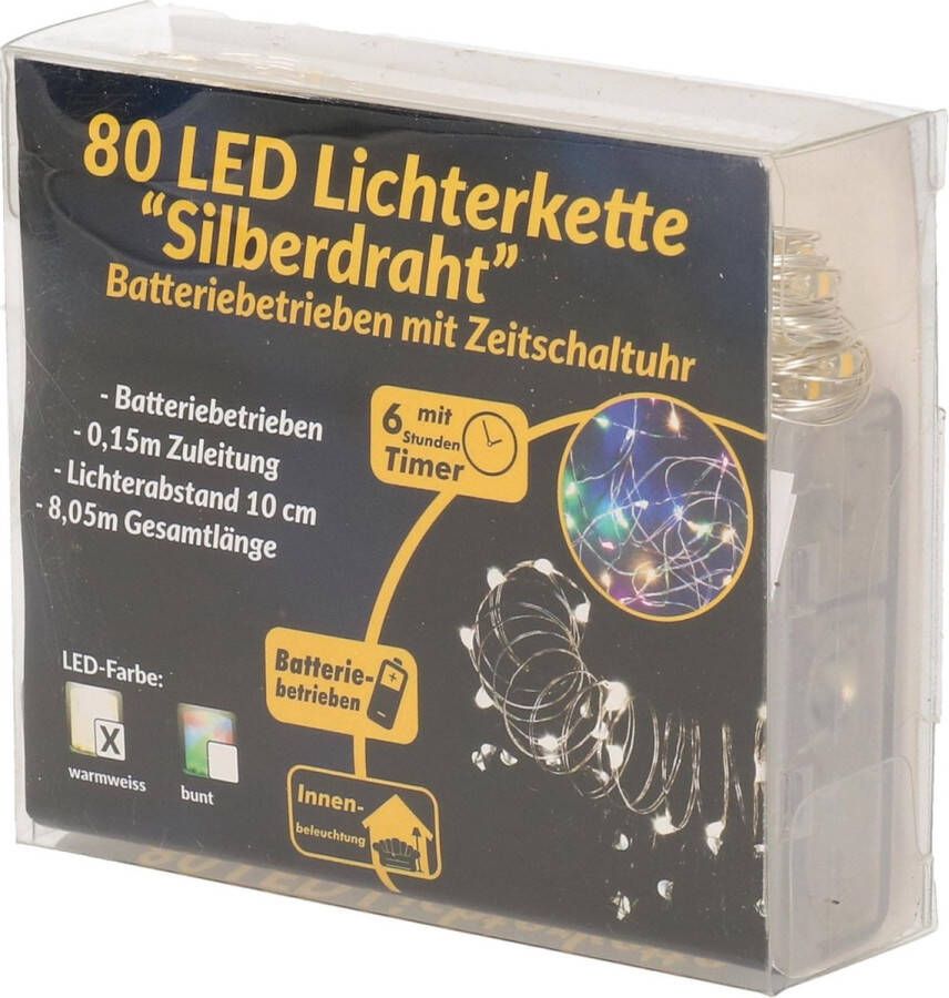 Merkloos Sans marque Draadverlichting zilver met warm witte LED lampjes 8 meter op batterijen met timer Kerstverlichting lichtsnoeren