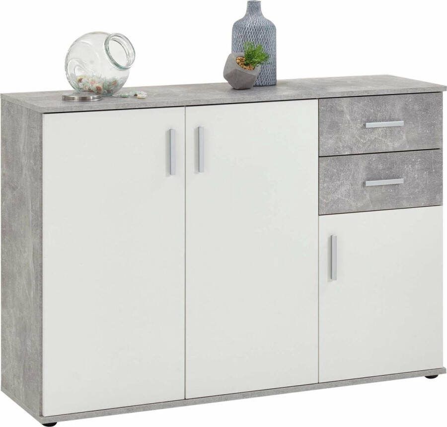 Dressoir Ares Beton Wit Breedte 120.5 cm Hoogte 83 cm Diepte 35 cm Met lades Met planken Met openslaande deuren