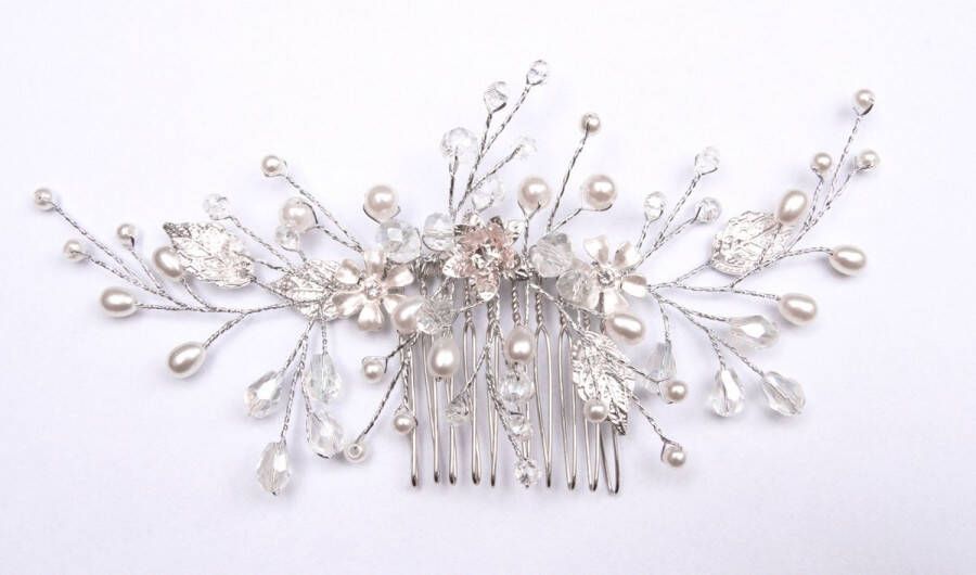 Merkloos Sans marque Elegante Zilverkleurige Haarschuifje met Blaadjes en Kraaltjes Kristal Bloemen Handgemaakte Haar Accessoires voor Dames