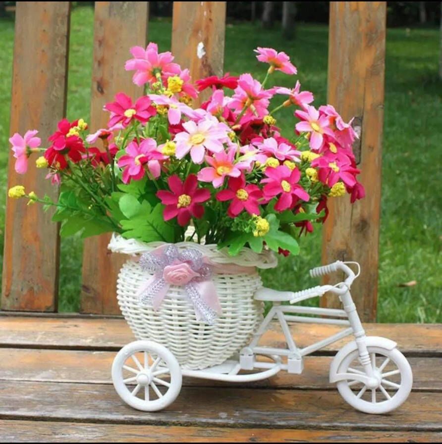 Merkloos Sans marque Fiets Decoratieve Bloem Nieuwe Fiets Decoratieve Bloem Mand Nieuwste Plastic Wit Driewieler Fiets Bloem Mand Opslag Party Decoratie Potten