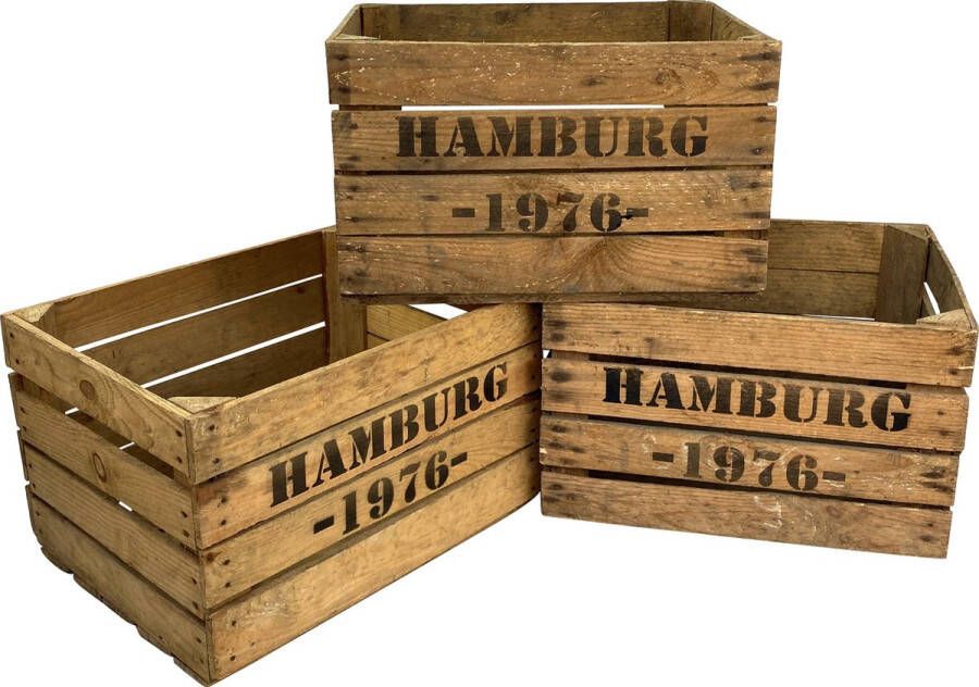 Merkloos Sans marque Fruitkist Hamburg 1976 Set van drie houten kratten