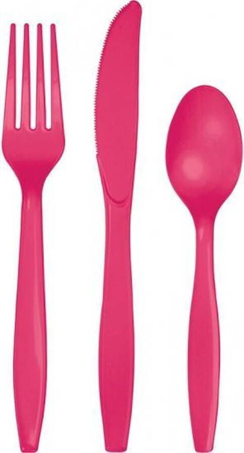 Merkloos Sans marque Fuchsia roze plastic bestek setje 48-delig messen vorken lepels herbruikbaar Verjaardag feest of BBQ