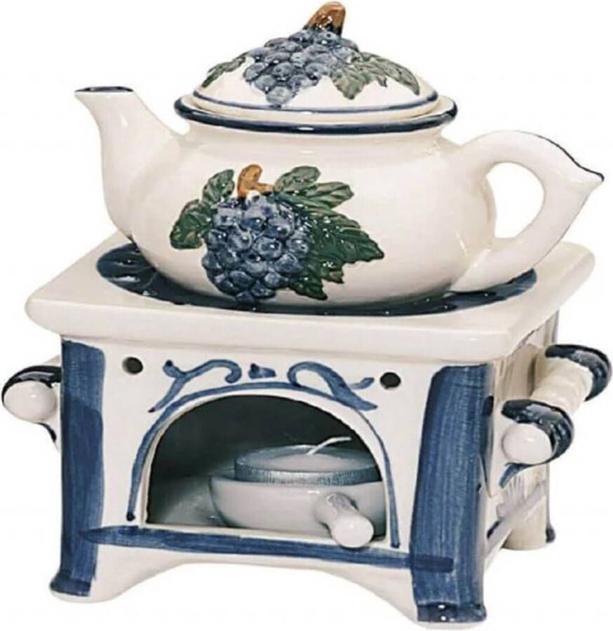 Geurbrander theepot keramiek creme blauw