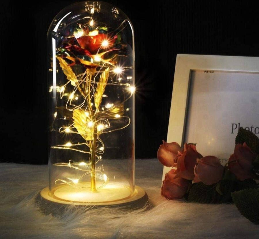 Merkloos Sans marque Gouden decoratie roos in stolp Met LED verlichting