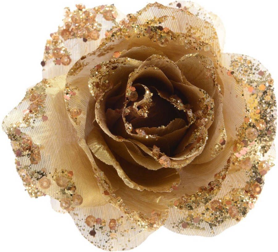 Merkloos Sans marque Gouden glitter roos met clip 14 cm Kerst decoratie kunstbloemen