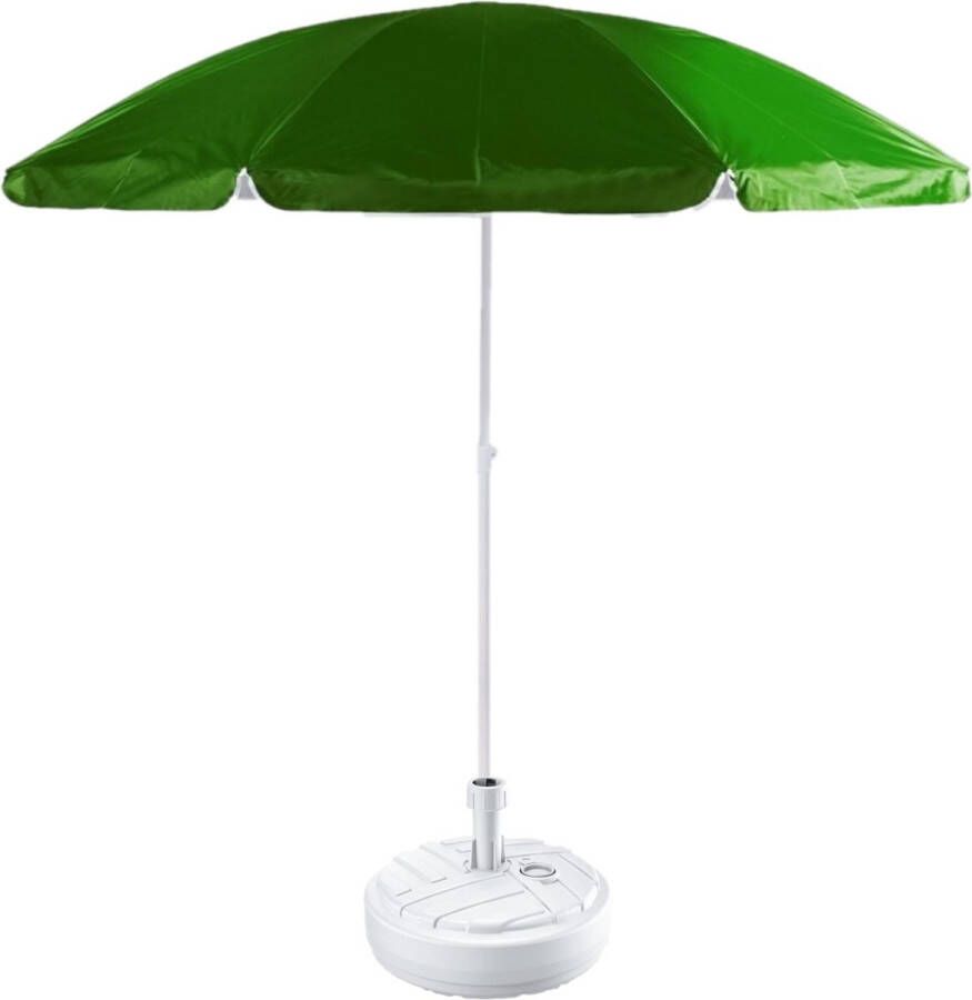 Groen lichtgewicht strand tuin basic parasol van nylon 200 cm + vulbare parasolvoet wit van plastic