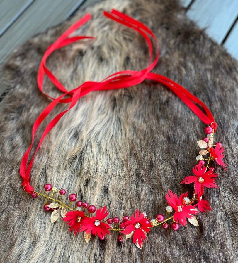 Merkloos Sans marque haarband gouden diadeem-bloemenkroon-handgemaakte haaraccessoires-rode bloemetjes-bruiloft-kerstmis-nieuwjaar-bruidsmeisje-communie -lentefeest-fotoshoot-verjaardag