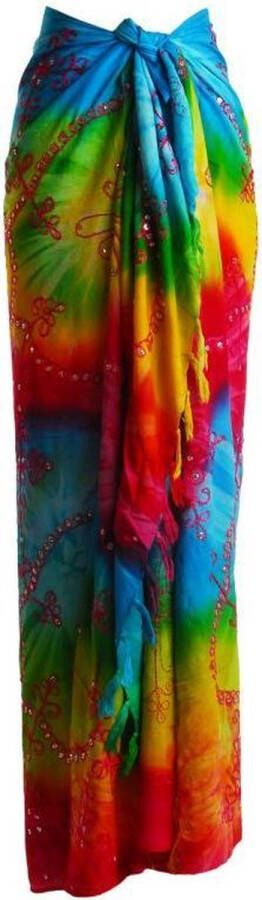 Merkloos Sans marque hamamdoek sauna doek pareo sarong sari figuren bloemen vlekken patroon lengte 115 cm breedte 165 kleuren rood groen geel blauw paars roze versierd met franjes en pailletten.