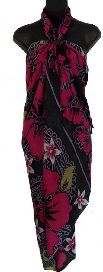 Merkloos Sans marque hamamdoeken pareo saunadoek sarong tafelkleed tafelversiering tafellaken -kleuren zwart-wit-roze-groen-bloemen-lengte 115 cm breedte 165 cm versierd met franjes