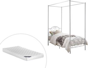 Merkloos Sans marque Hemelbed LEYNA 90x190cm Metaal Wit + matras L 198.5 cm x H 211 cm x D 92 cm