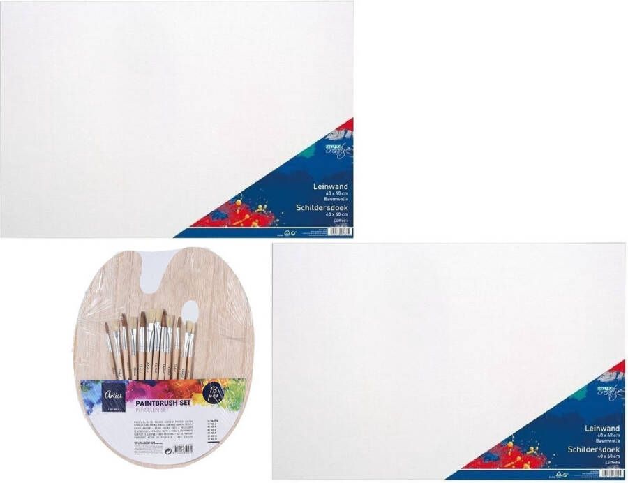 Merkloos Sans marque Hobby speelgoed set 2x Schildersdoeken 40 x 60 cm met palet en 12 kwasten Voor kinderen