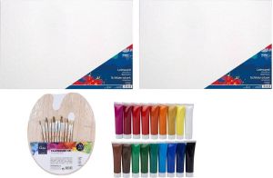 Merkloos Sans marque Hobby speelgoed set 2x Schildersdoeken 50 x 70 cm met palet -18x kleuren verf en 12 kwasten Voor kinderen