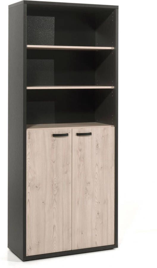 Hoge halfopen kantoorkast Spinoza Zwart Kastanje Breedte 90 cm Hoogte 216 cm Diepte 40 cm Met planken Met openslaande deuren
