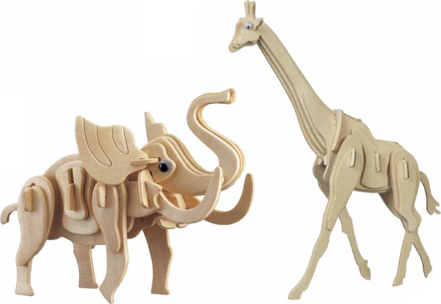 Merkloos Sans marque Houten 3D savanne dieren puzzel set Giraffe en Olifant Speelgoed bouwpakketten