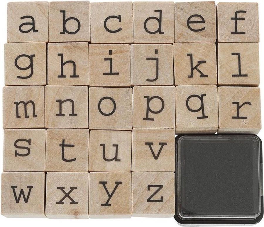 Merkloos Sans marque Houten alfabet stempels type letter stempelset 26 letters 1 cm + stempelkussen zwart