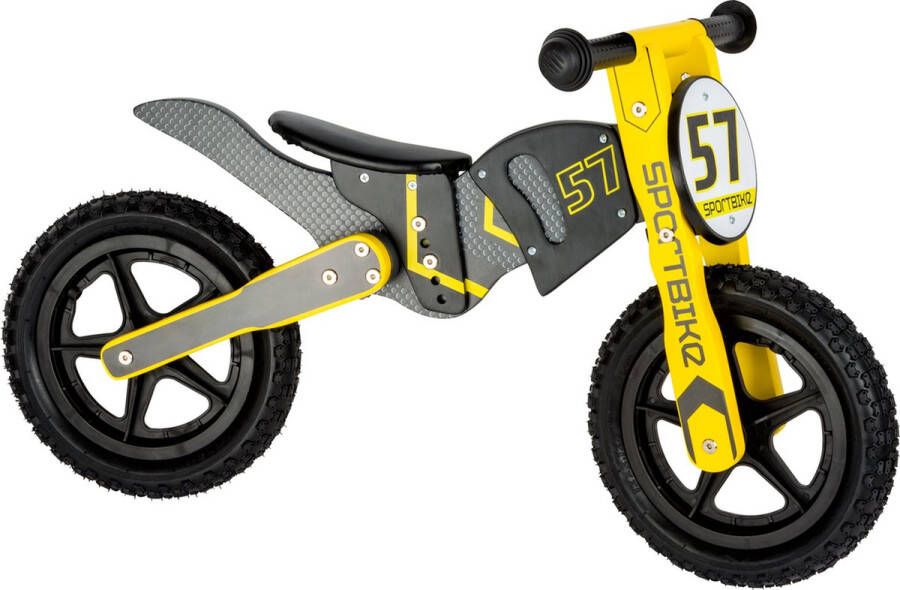 Merkloos Sans marque Houten loopfiets motorcrosser Zithoogte verstelbaar: 37 40cm Geel grijs houten speelgoed vanaf 3 jaar