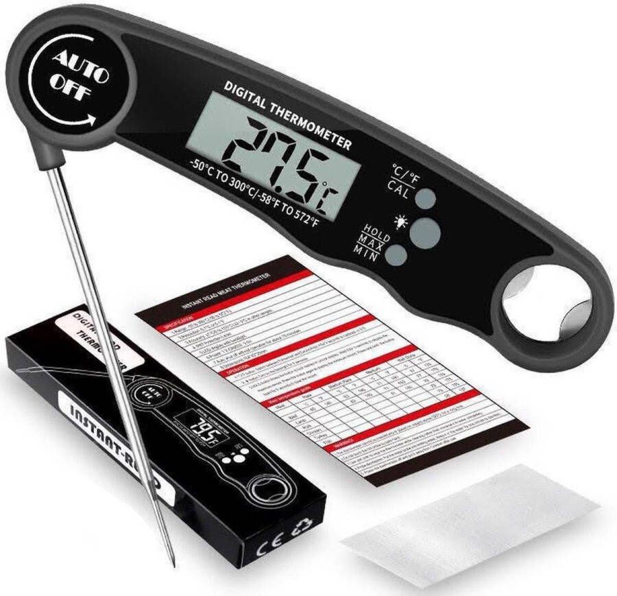 Merkloos Sans marque Inklapbare keukenthermometer voedselthermometer vleesthermometer suikerthermometer BBQ barbecue broodthermometer frituurthermometer Flesopener Bieropener Zwart LED LCD incl. batterij