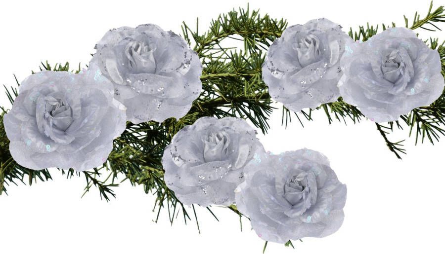 Merkloos 6x stuks decoratie bloemen rozen zilver op clip 9 cm Kunstbloemen