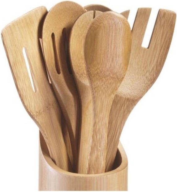 Zeller Kookgerei bamboehout 7-delig in houder 9 x 33 cm Keukenbenodigdheden Keukenaccessoires decoratie Keukengereedschappen neerzetten Kookgerei in houders