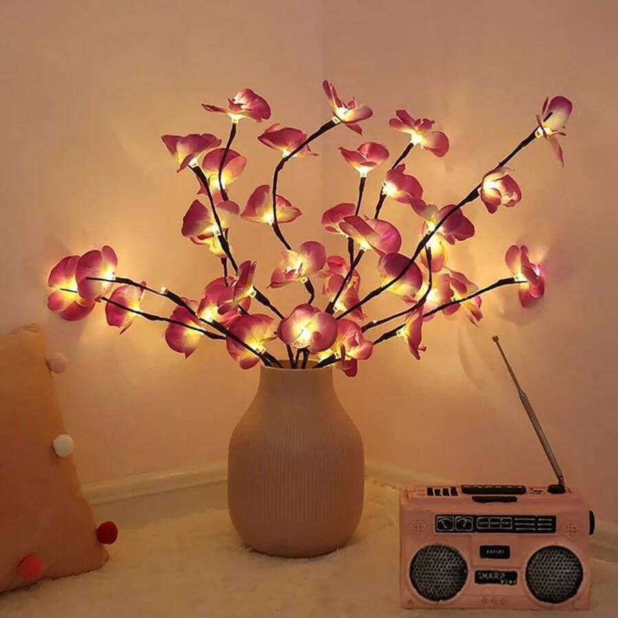 Merkloos Sans marque Kunst orchidee lamp 20 led lampjes 73 cm hoog 1 grote tak met 6 vertakkingen 20 roze bloemen Werkt op batterijen