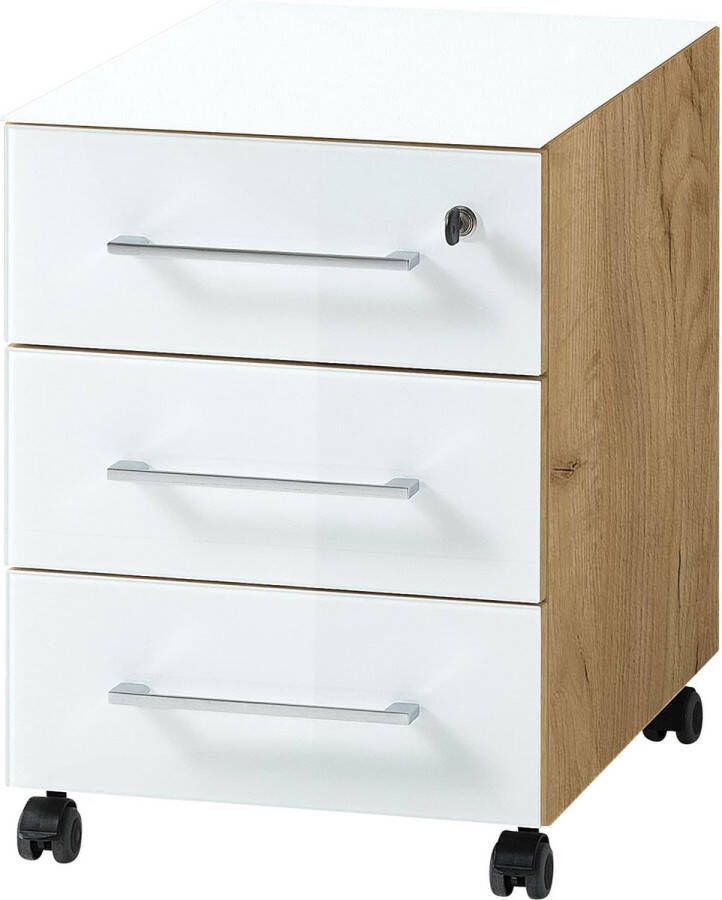 Ladeblok Destin Eiken Wit Met wielen Met slot Met lades Breedte 40 cm Diepte 50 cm Hoogte 55 cm