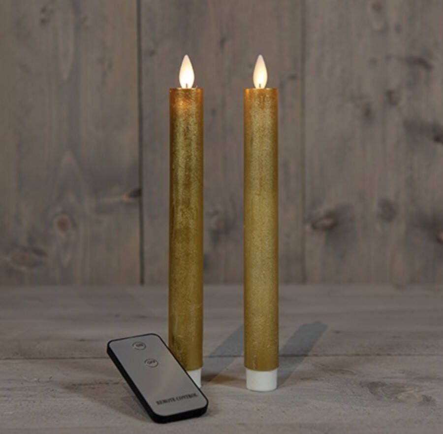 Merkloos Sans marque LED kaarsen met bewegende vlam 2x Goud Gold Afstandsbediening Dinerkaars rustiek wax 23 cm LED kaars batterij