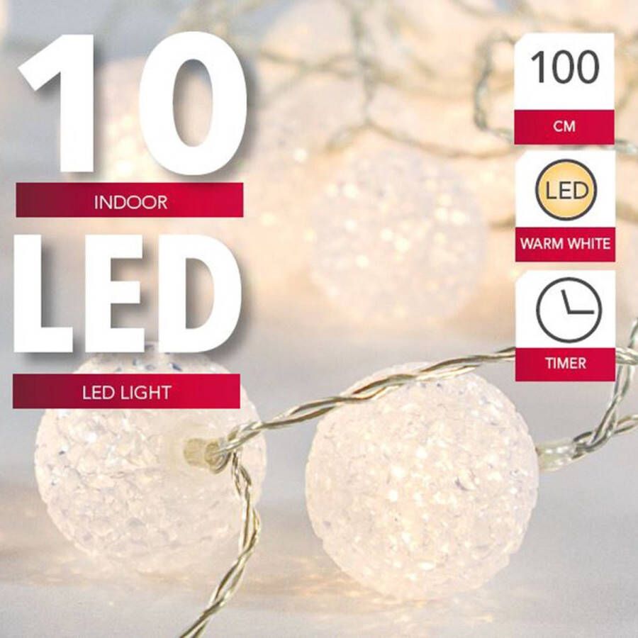Merkloos Sans marque Lichtsnoer met 10 witte bolletjes warm wit op batterij met timer 135 cm Kerstverlichting sfeerverlichting lichtsnoer met bolletjes