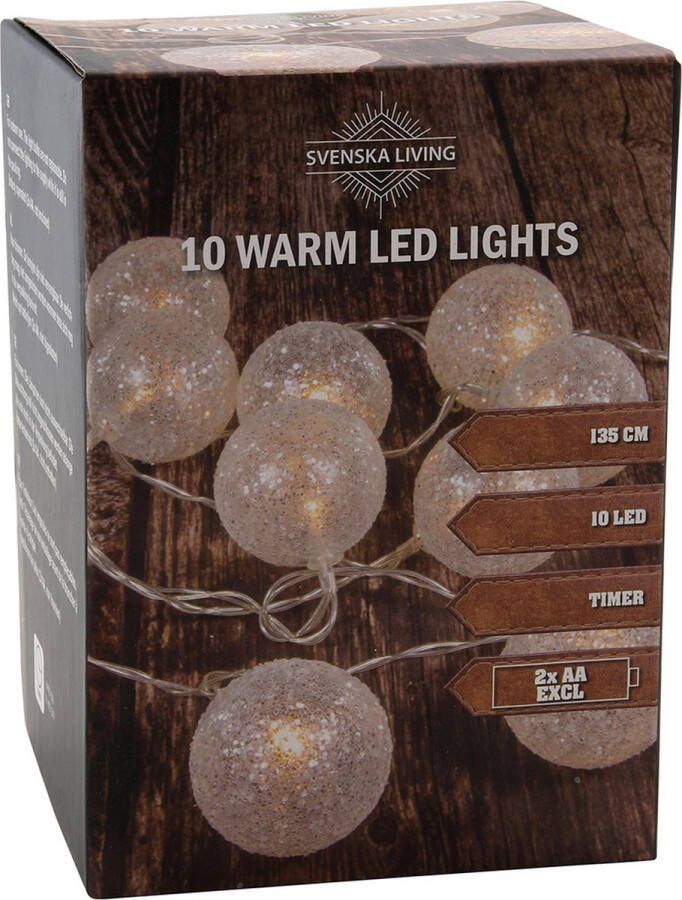 Merkloos Sans marque Lichtsnoer met 10 witte glitter bolletjes warm wit op batterij 135 cm Kerstverlichting sfeerverlichting lichtsnoer met bolletjes