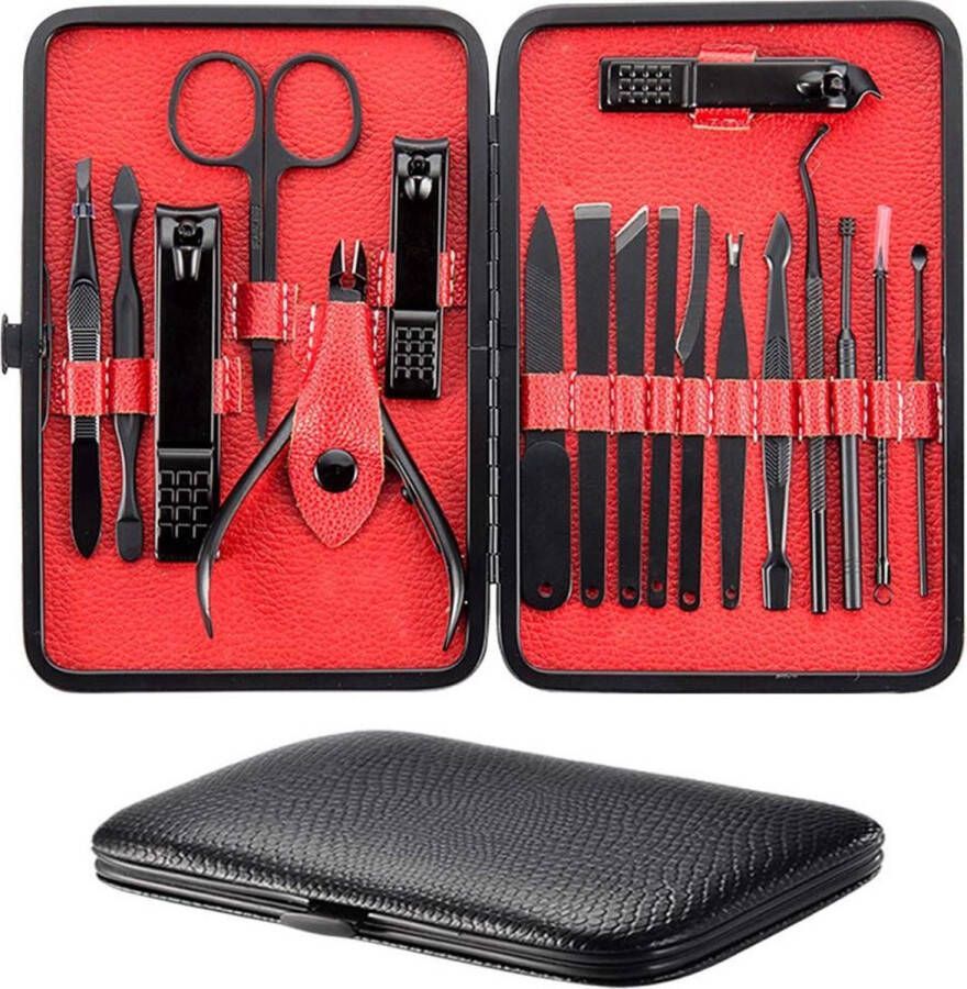 Merkloos Sans marque Luxe Manicureset Pedicureset met Lederen Opbergetui Zwart 18 Delig RVS Manicure Set Pedicure Set